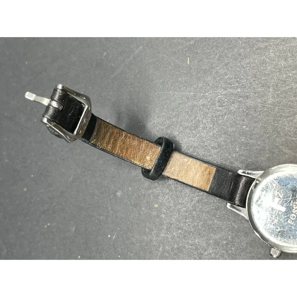 Fossil Quartz Watch ES-1819 50m Silver Tone Stainless Steel Black Leather Band